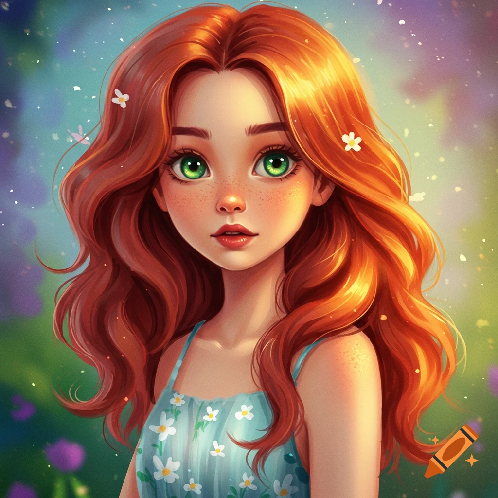 Illustration of a girl with red hair and green eyes in a floral dress, with a bright, colorful background.