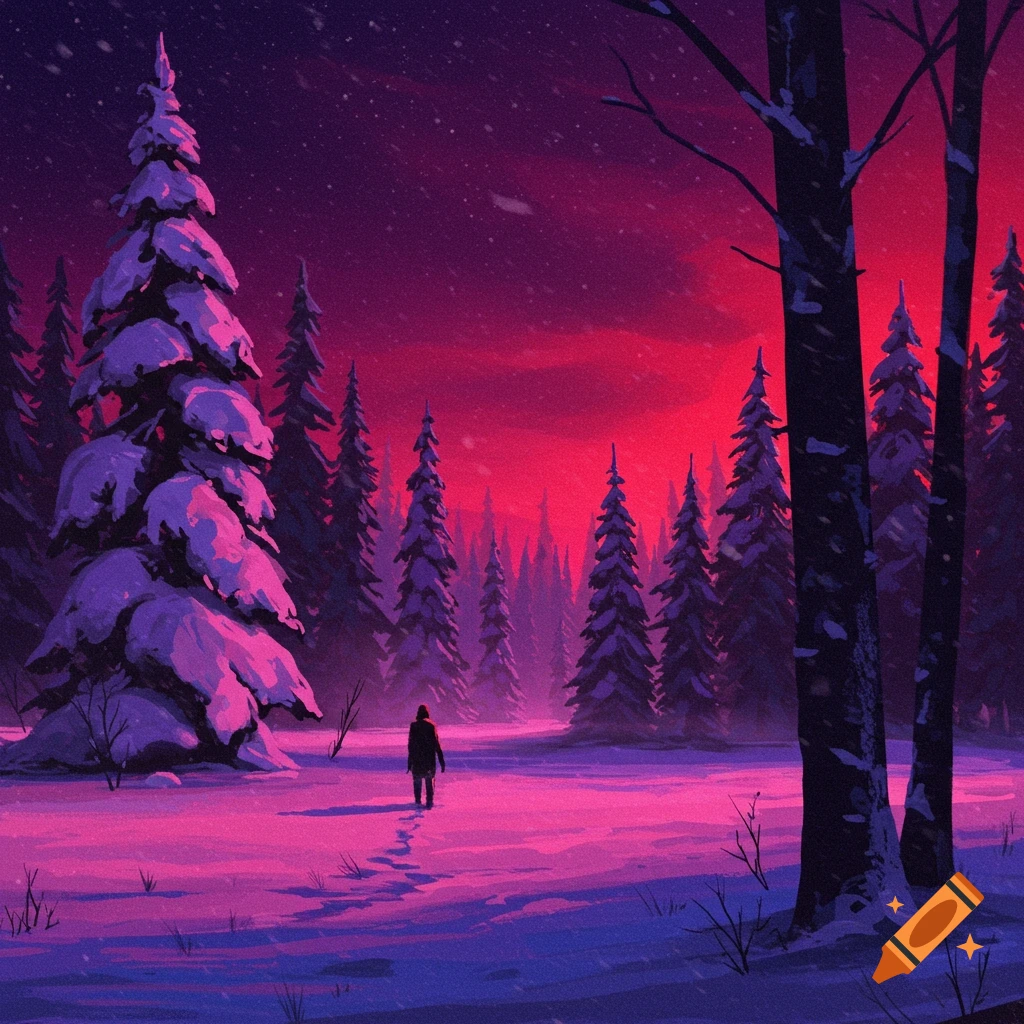 A person walks through a snowy forest under a dramatic purple and red sunset sky, digital art style.
