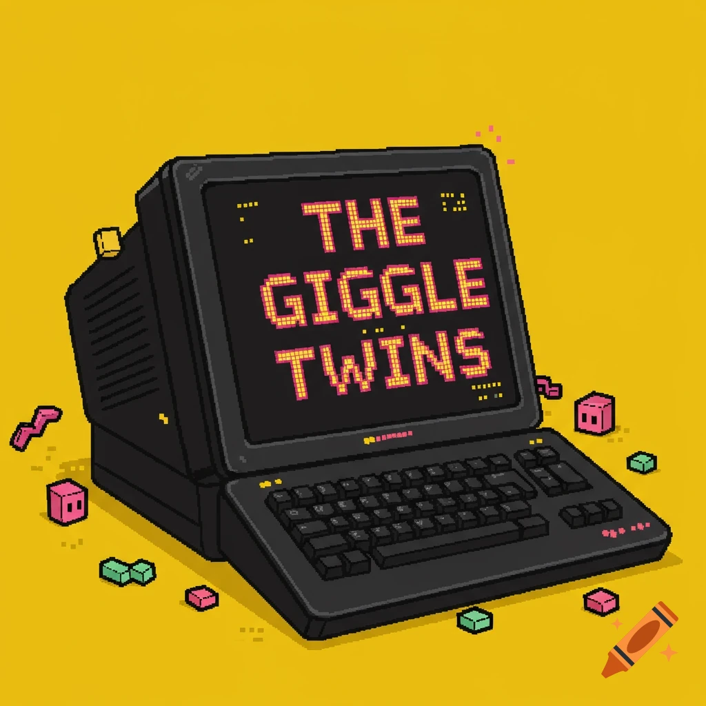 Pixel art of a black computer screen displaying 'THE GIGGLE TWINS' on a yellow background with scattered shapes.