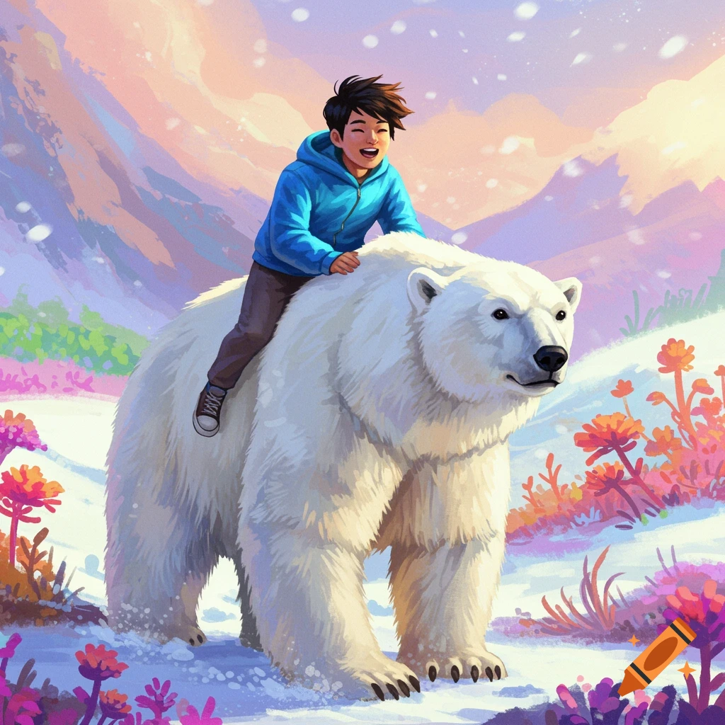 A young boy rides a polar bear through a snowy mountain landscape.