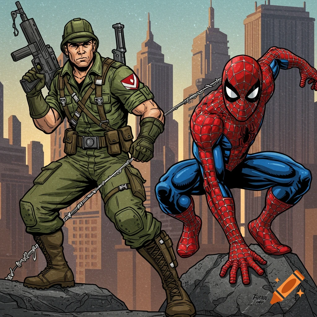 Comic art illustration of a G.I. Joe soldier and Spider-Man on rocks with a city skyline