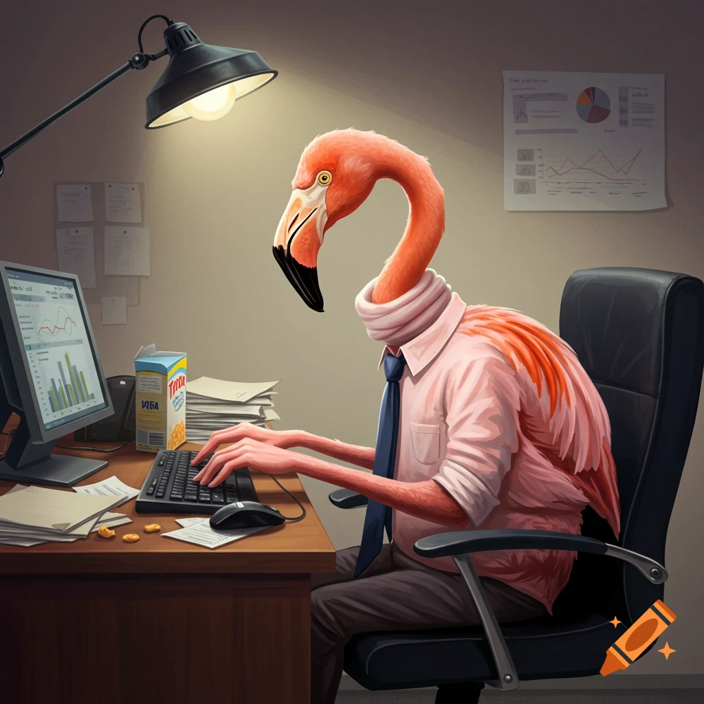 A flamingo wearing a shirt and tie sits at an office desk typing on a computer.