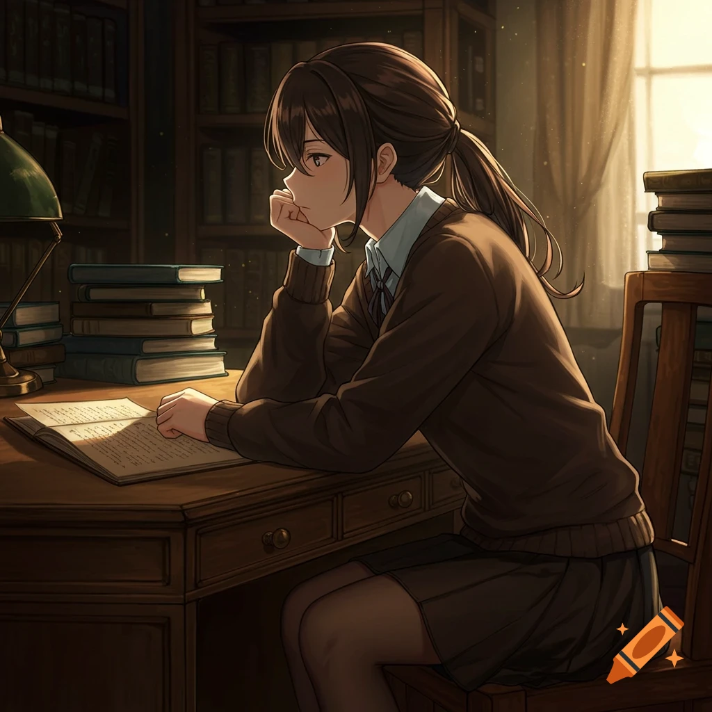 Anime illustration of a girl in a dark academia library reading a book.