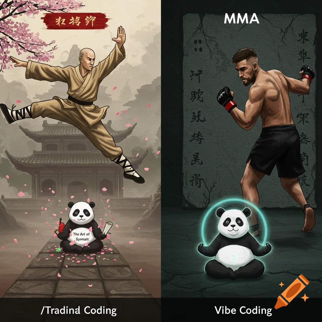 An illustration split into two scenes: a Kung Fu master jumping near a temple with a panda, and an MMA fighter near a panda.