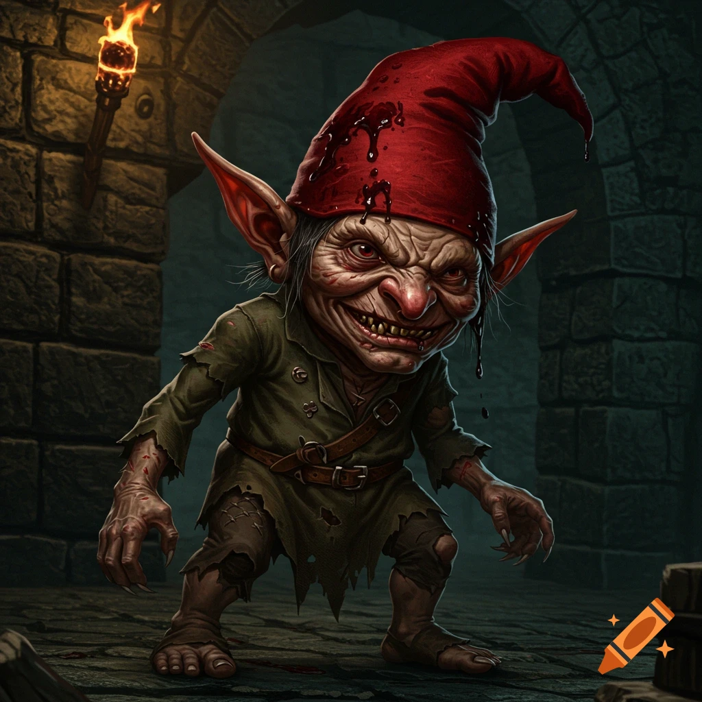 A fantasy creature resembling a goblin with a red, bloodstained hat, sharp teeth, and claws stands in a dark dungeon.