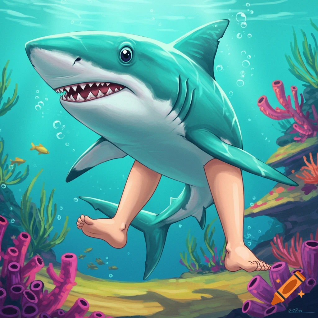 Cartoon shark with human feet swimming underwater near coral reef