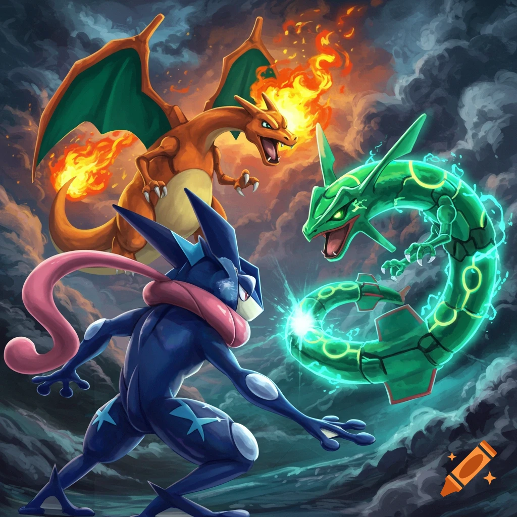 Charizard, Greninja, and Rayquaza battle in a stormy sky, anime style.