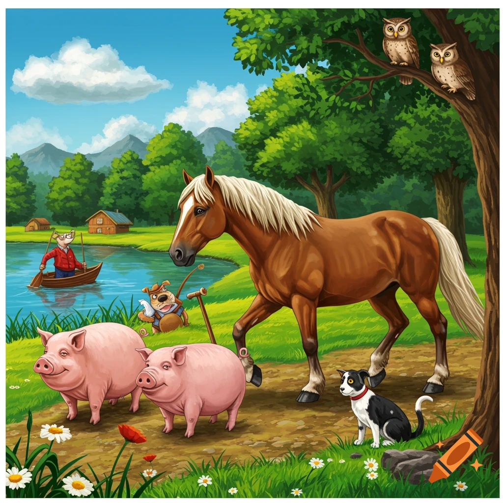 Cartoon farm scene with a horse, pigs, dog, person in a boat, and owls by a lake.