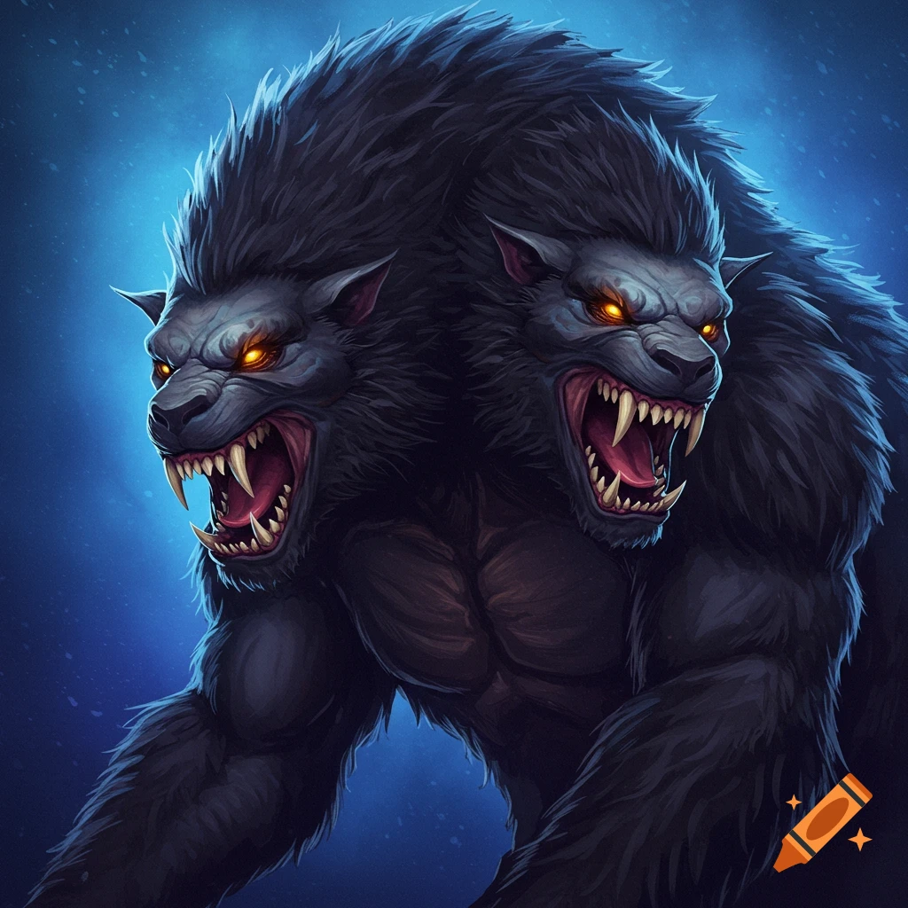 Dark stylized illustration of a two-headed monstrous werewolf roaring with glowing eyes and bared teeth.
