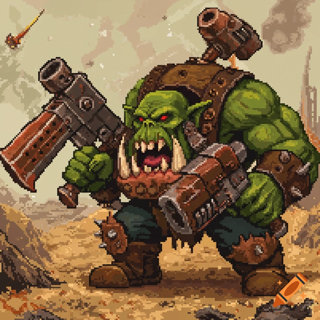 Pixel art illustration of a green-skinned Warhammer 40k Ork holding two large guns in a wasteland.