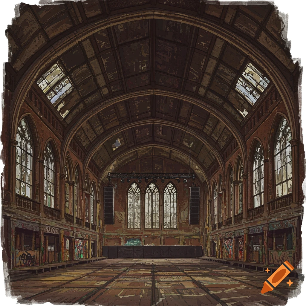 Illustration of a large, abandoned church-like building converted into a concert venue with a stage, speakers, arched windows, and graffiti.