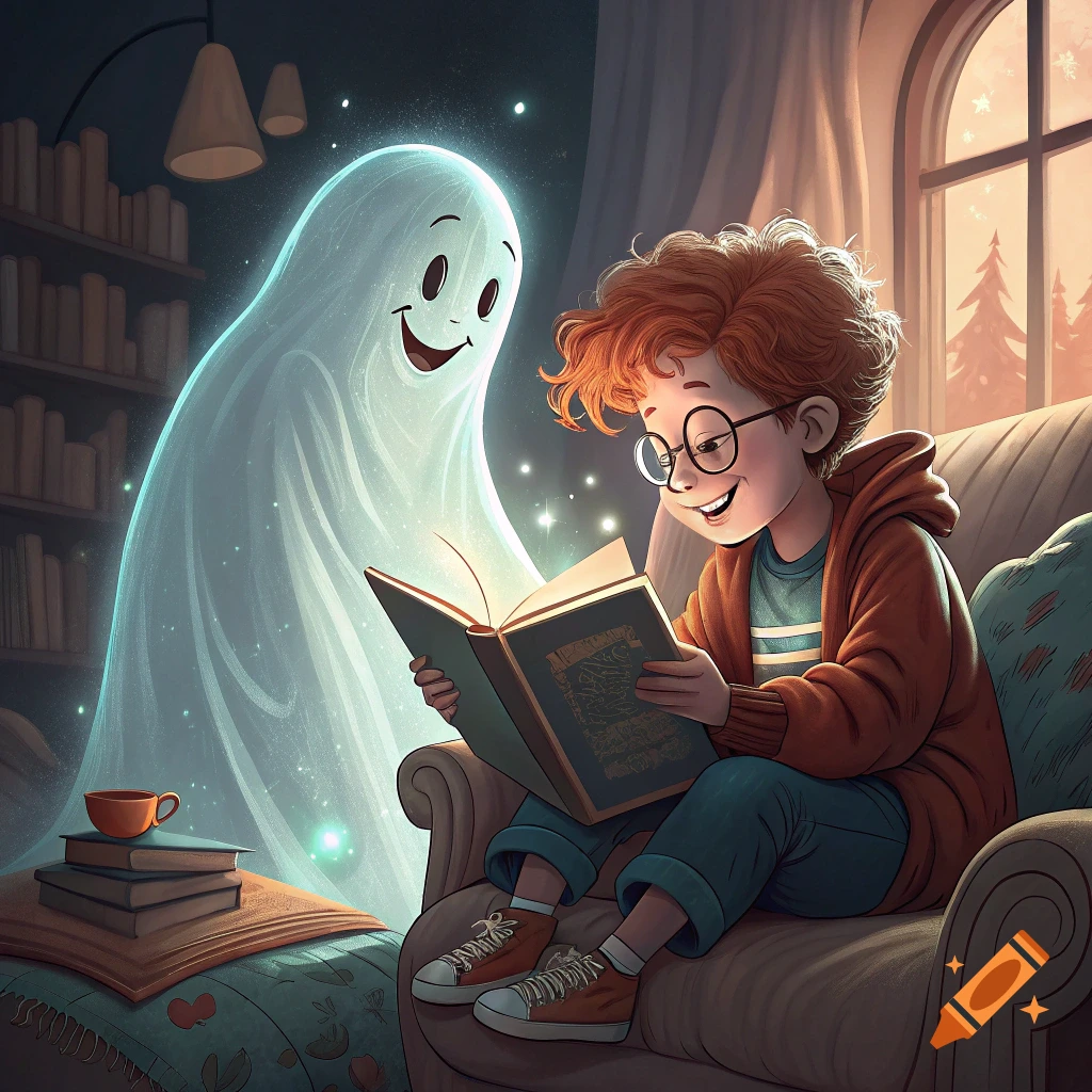 An illustration of a boy with glasses reading a glowing book on a couch next to a friendly, transparent ghost in a cozy room with bookshelves.