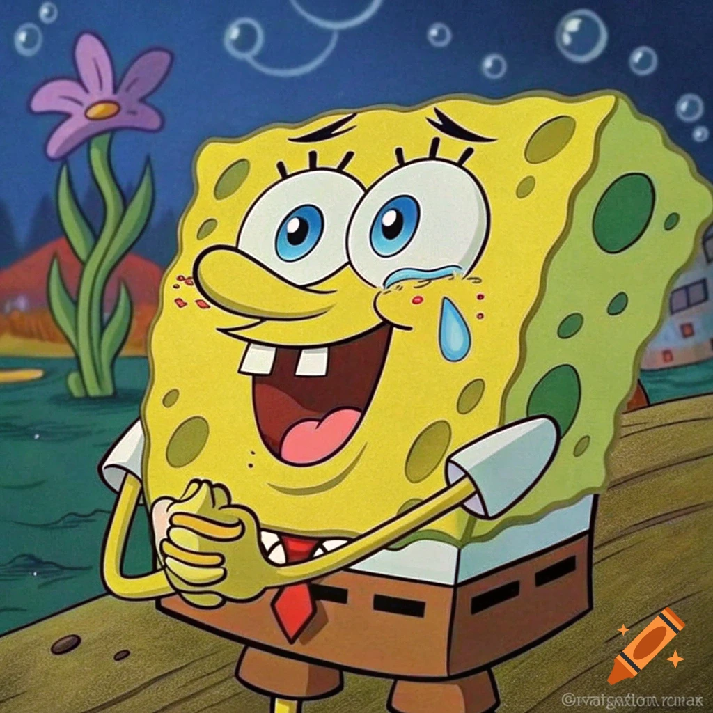 Spongebob Squarepants with tears in his eyes and a smile, in a cartoon style.