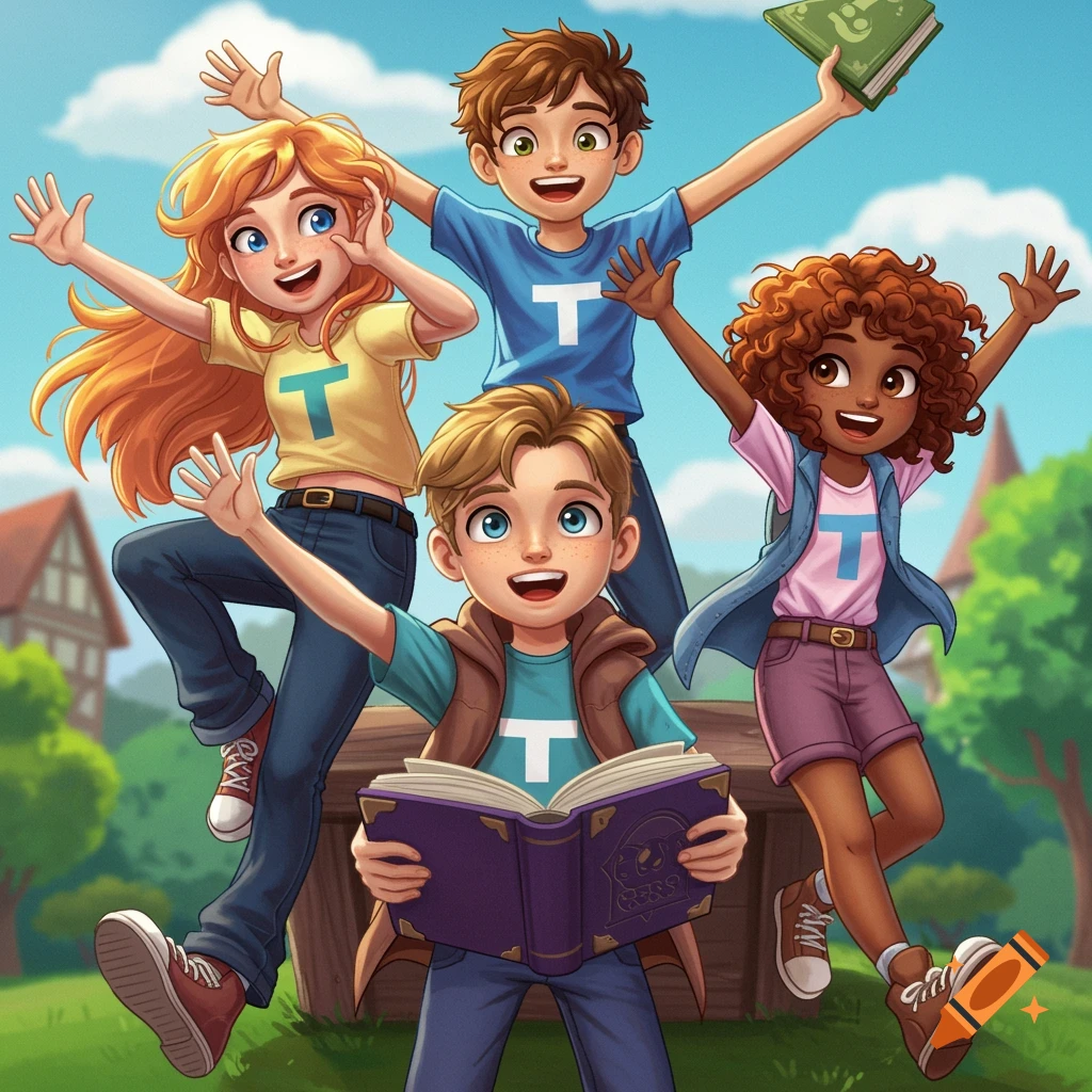 Four cartoonish children in t-shirts with a 'T' logo jump excitedly outdoors while holding books.