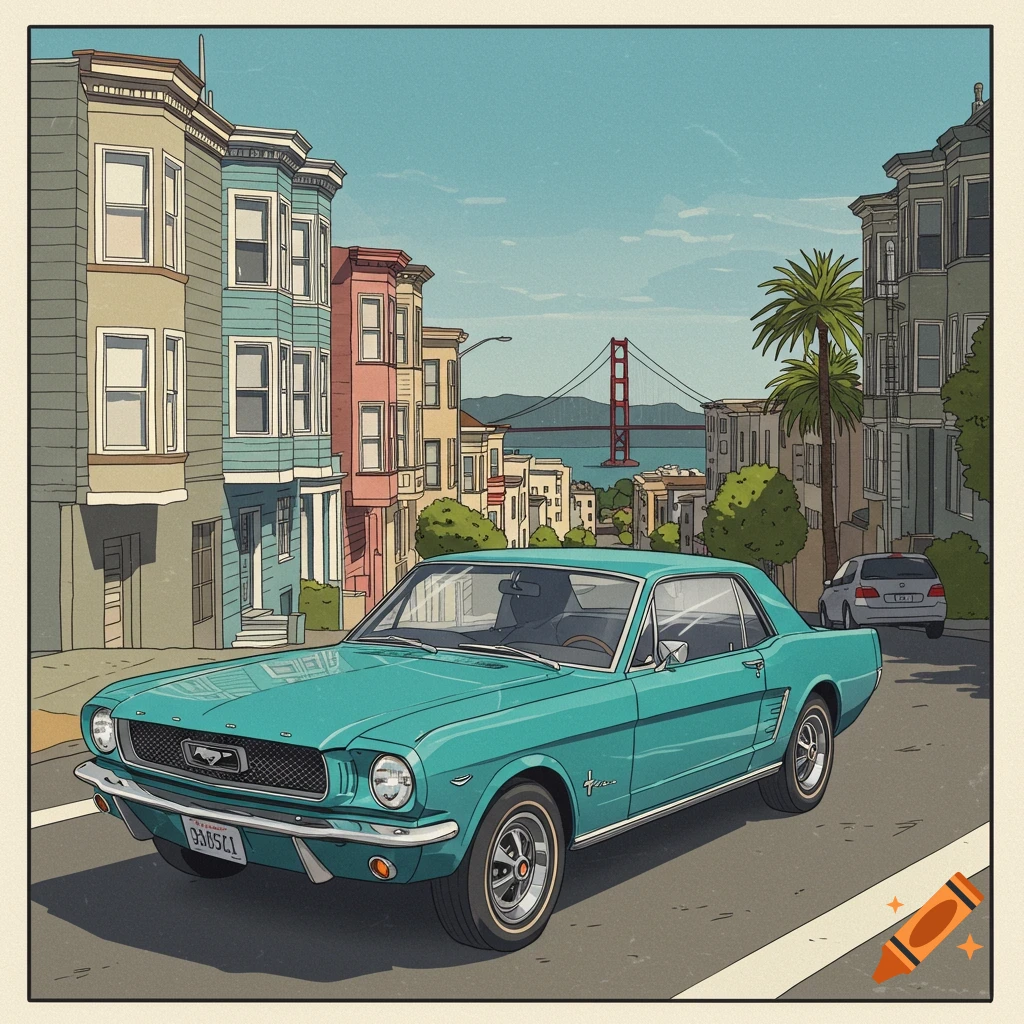 Illustration of a teal classic Mustang on a San Francisco street with Victorian houses and the Golden Gate Bridge.