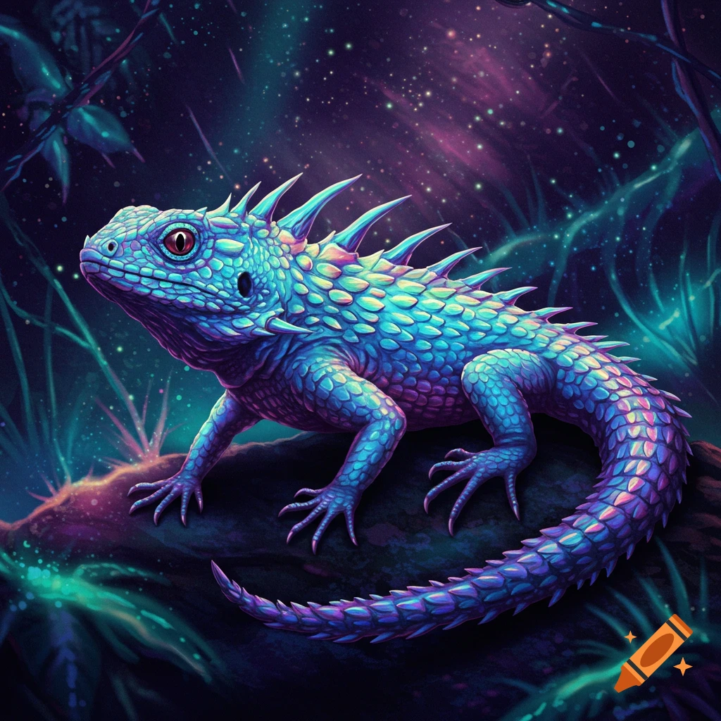 Vibrant blue and purple spiky lizard in a dark, starry fantasy forest.