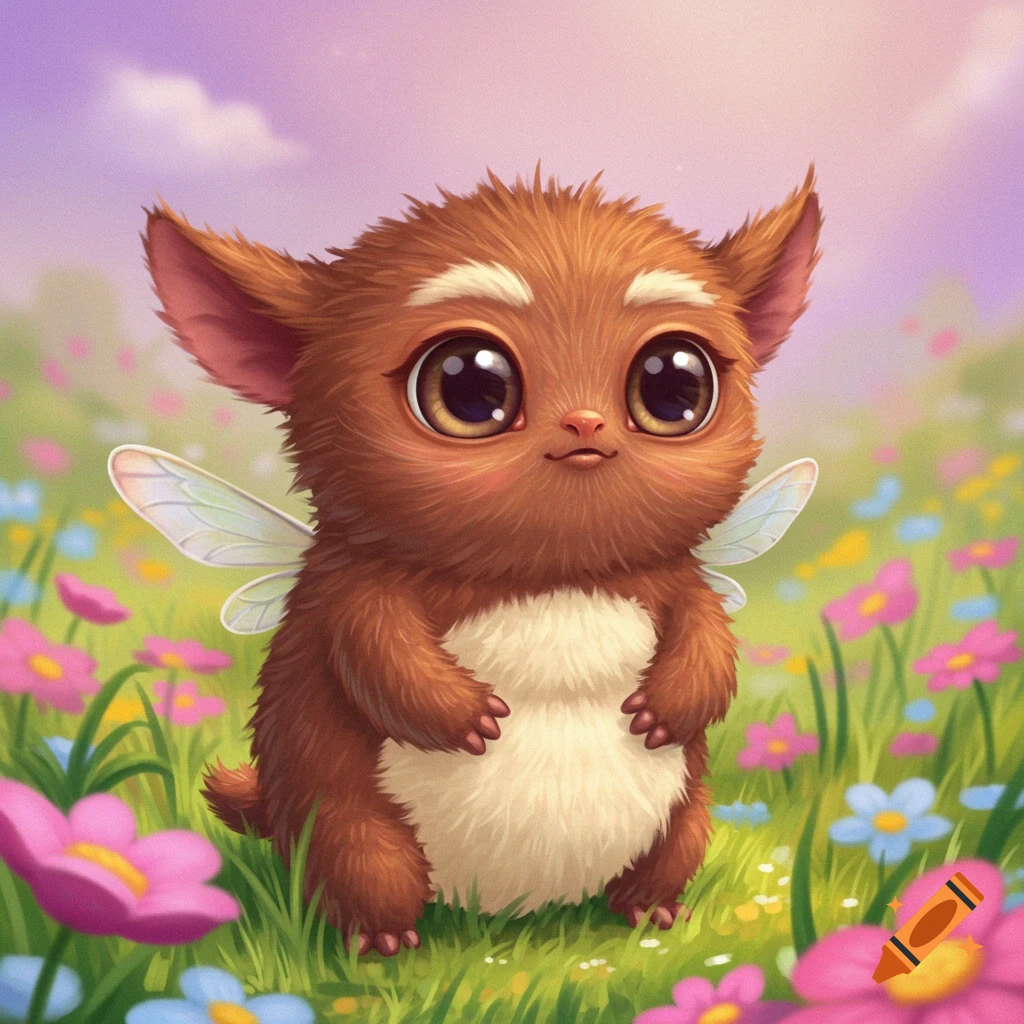 Cute furry creature with big eyes and wings in a field of colorful flowers