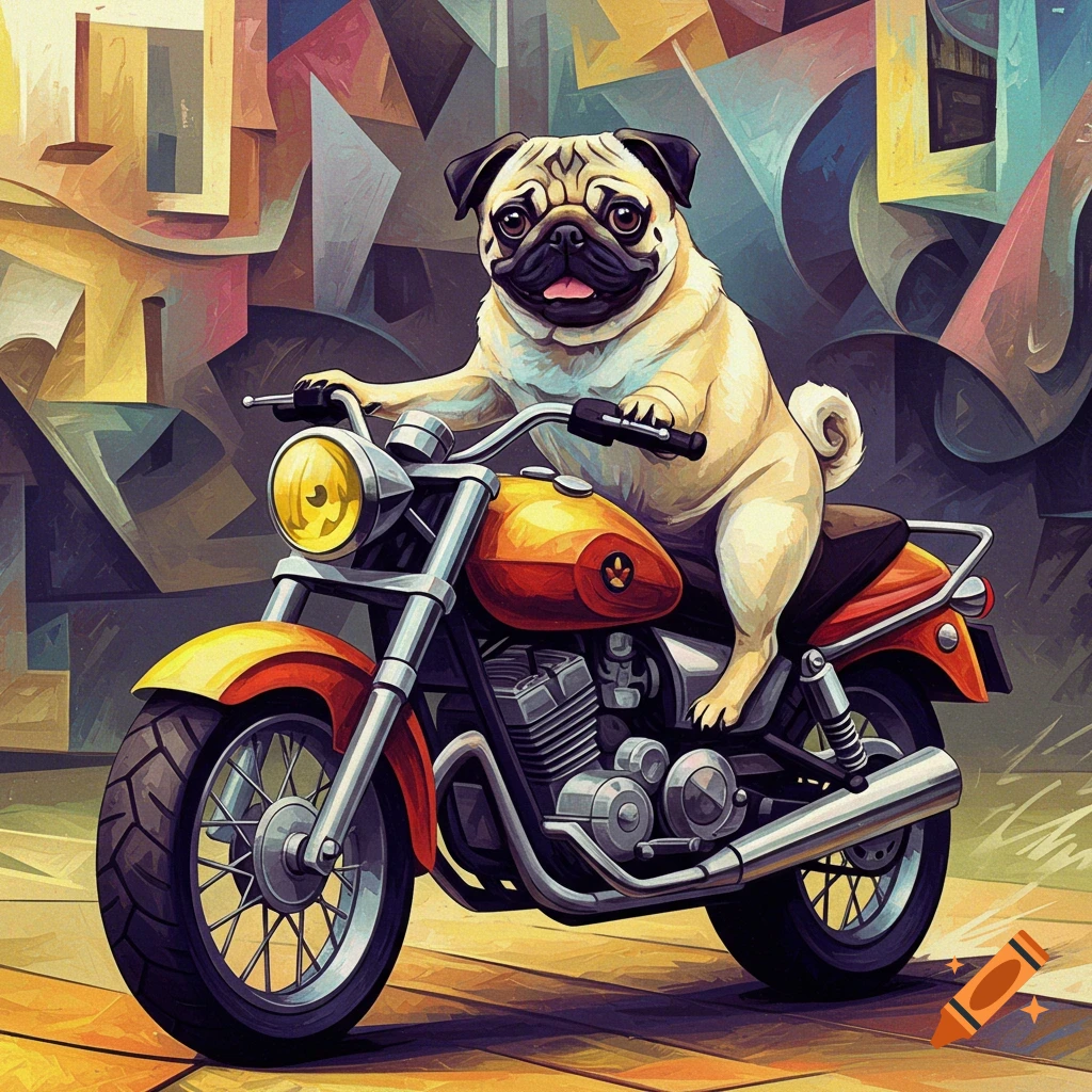 A pug rides a motorcycle against a cubist-style background.