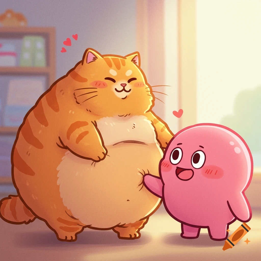 A large smiling orange cartoon cat stands next to a smaller pink cartoon character touching its belly, in a cute art style.