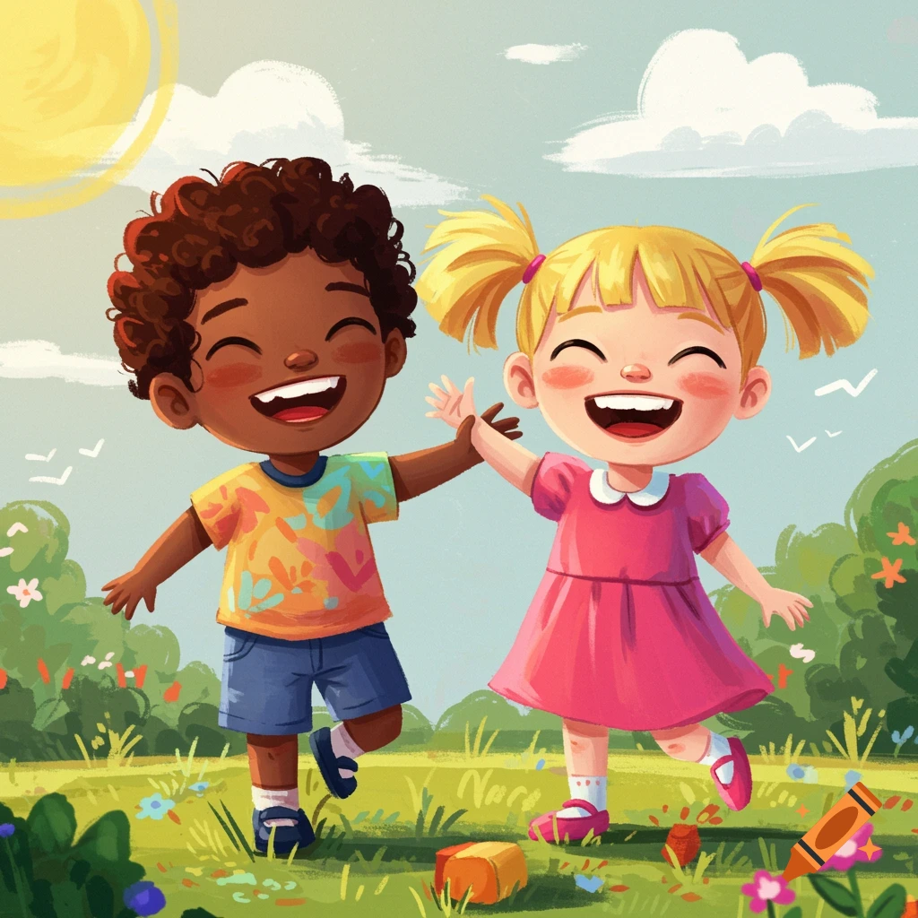 Two happy cartoon children, one dark-haired and one blonde, running and laughing in a sunny grassy field.