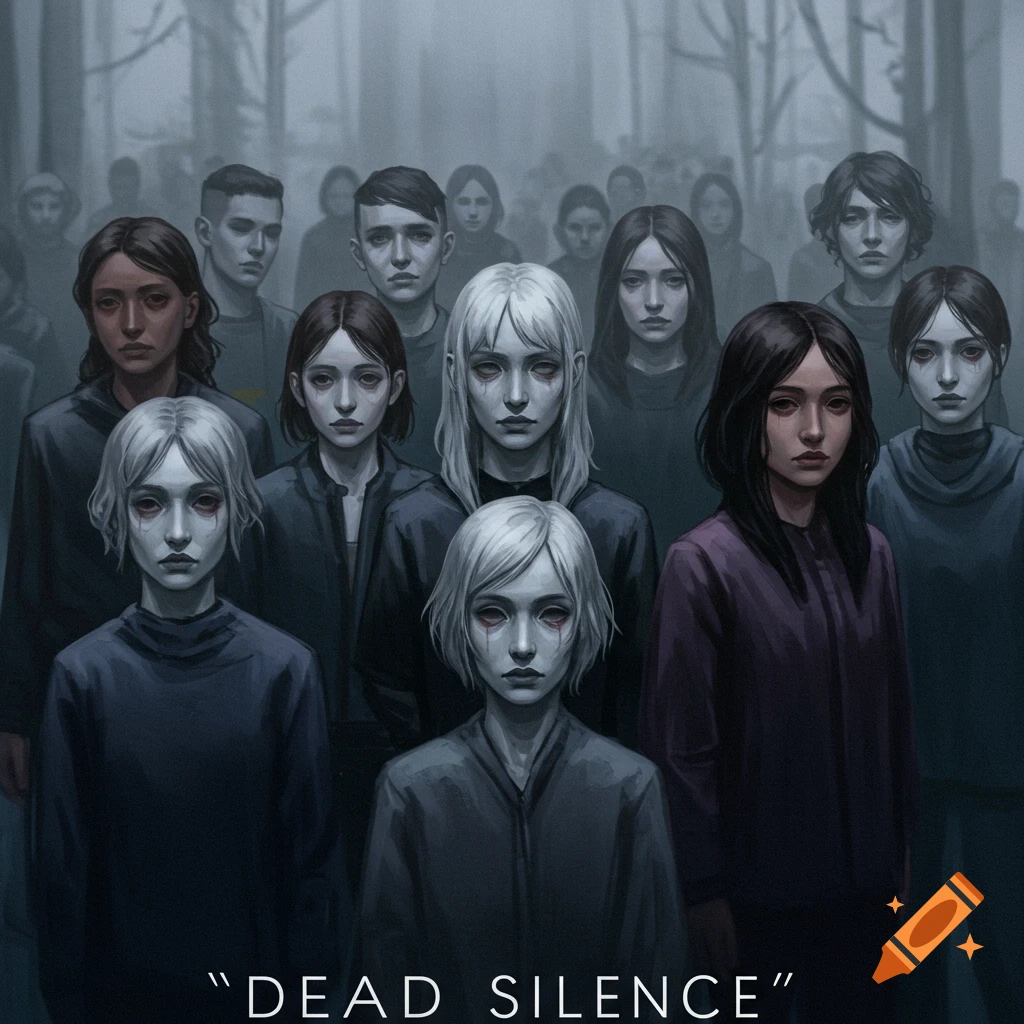 Illustrative group portrait of people with pale faces and dark eyes in a foggy forest. Text reads "DEAD SILENCE".