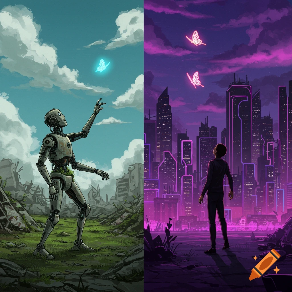 Split image: robot in wasteland reaches for glowing butterfly; human in neon city reaches for butterflies. Illustration style.