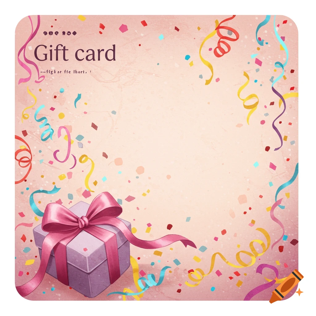 Gift card template with a present, pink ribbon, confetti, and streamers on a pink background.