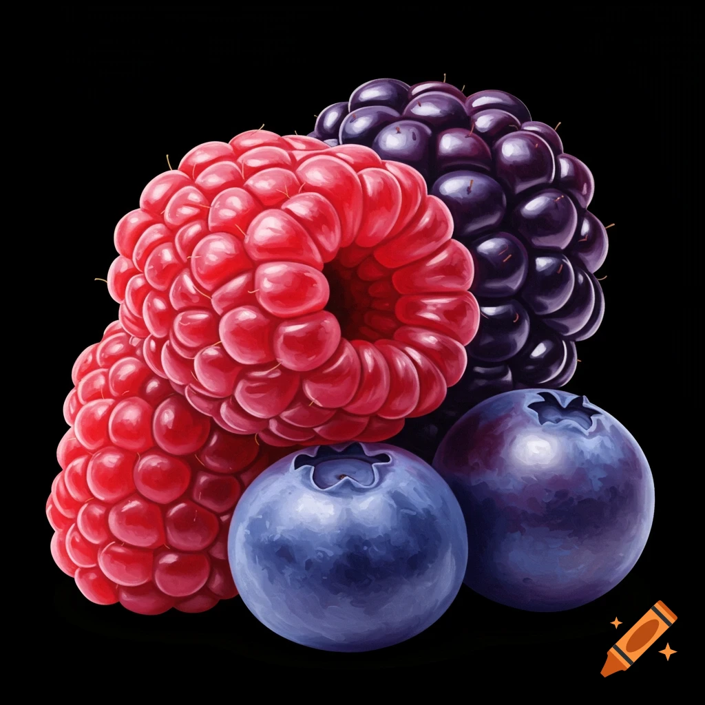 Close-up illustration of raspberries, blackberries, and blueberries against black background