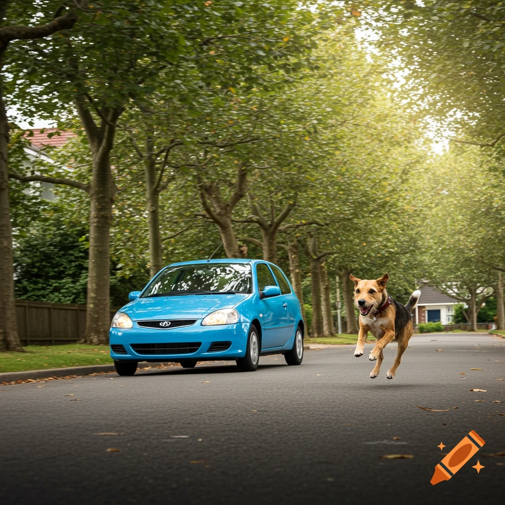 A brown and white dog runs alongside a blue car on a tree-lined street.