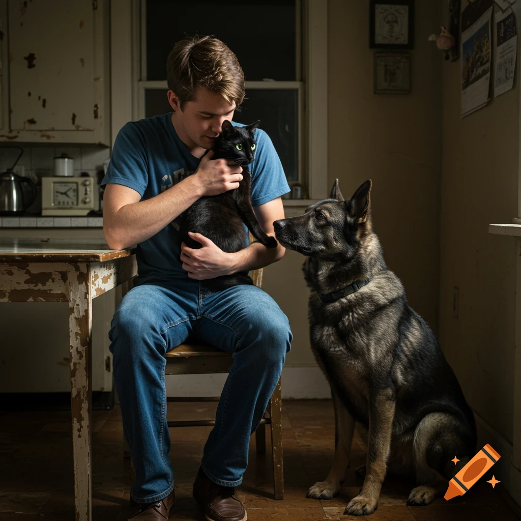 Man holds a black cat while a German Shepherd sits next to them in a kitchen.