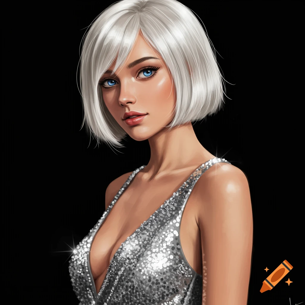 A detailed portrait of a woman with short white hair and blue eyes wearing a silver sparkly dress.