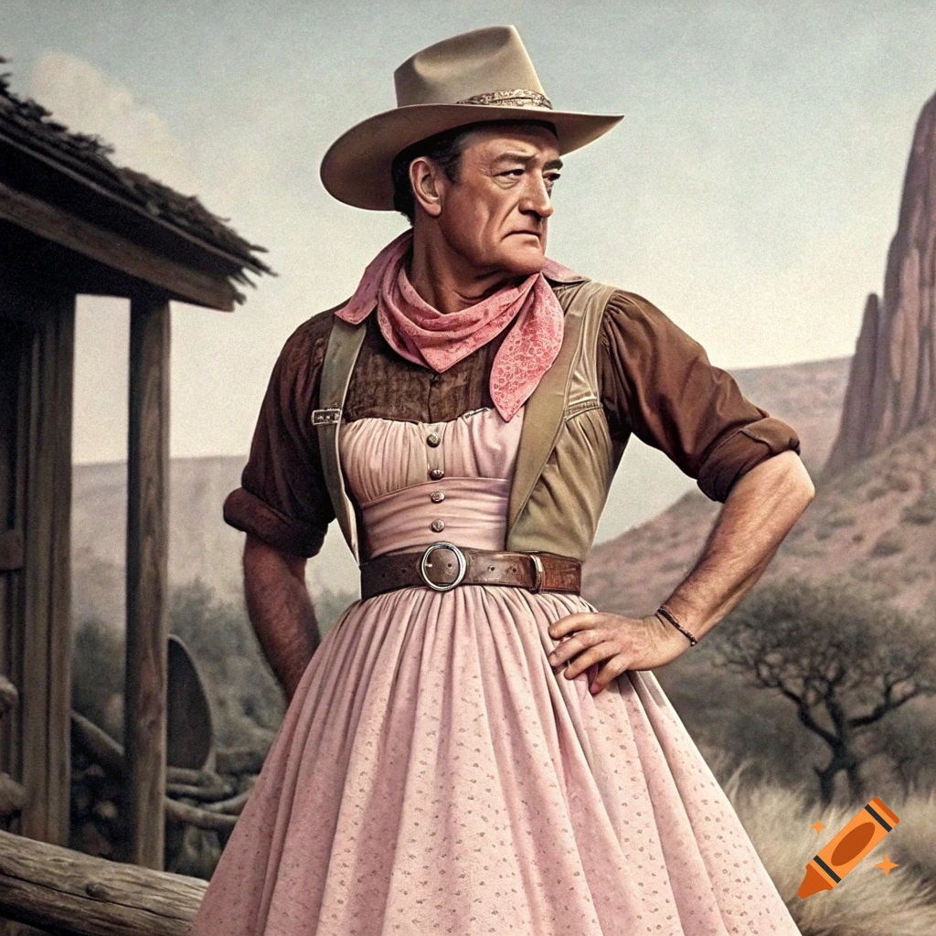 A person resembling John Wayne wears a cowboy hat, vest, pink bandana, and a long pink dress, standing in a Western landscape.