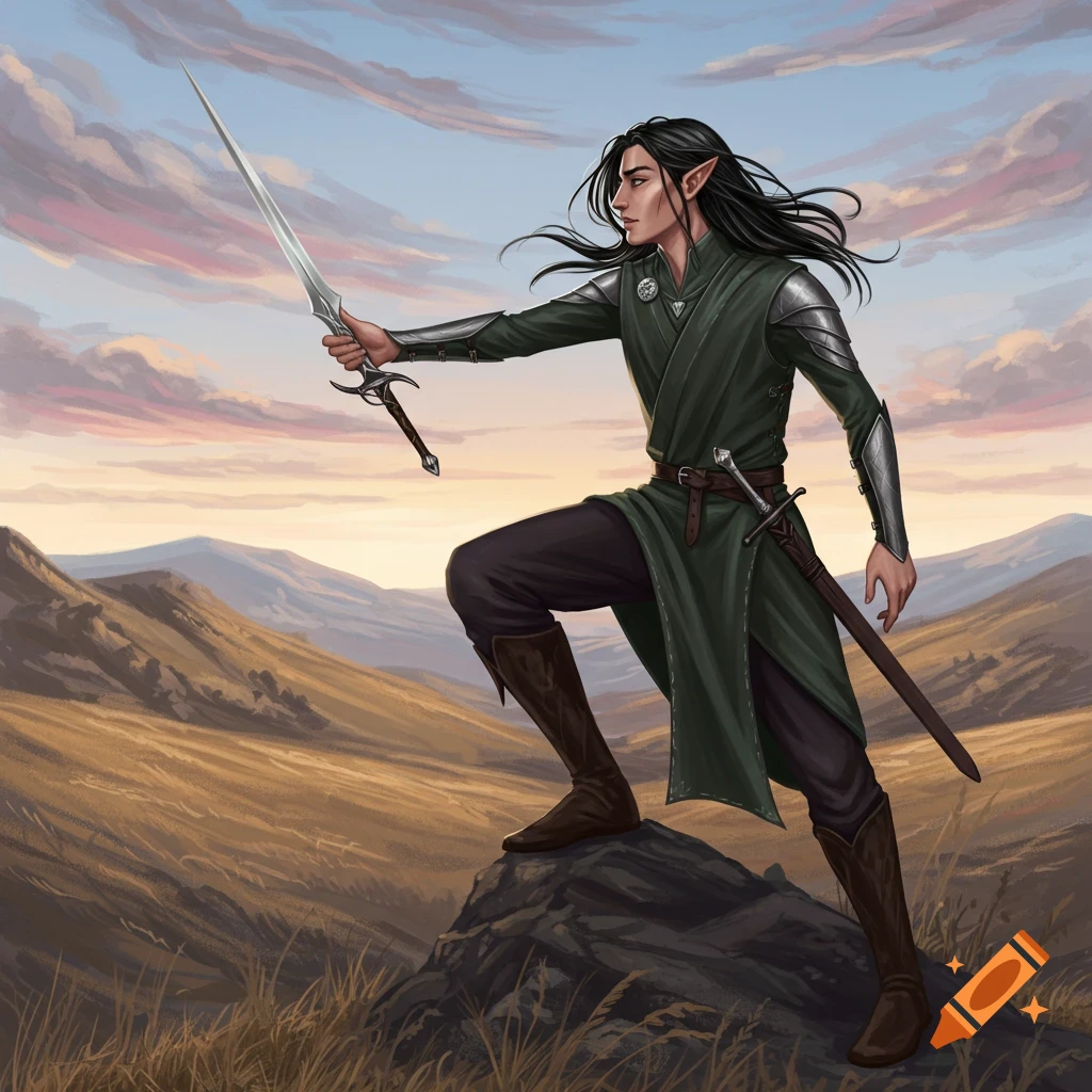A graceful High Elf stands on a rock holding a sword, looking out over a grassy landscape at sunset.