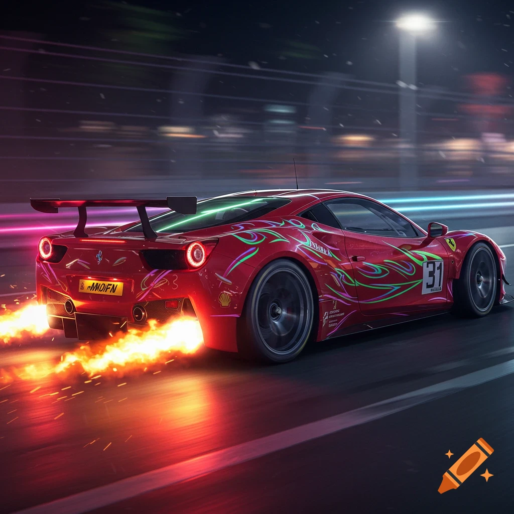 Red racing Ferrari with flames and neon lights driving at night.