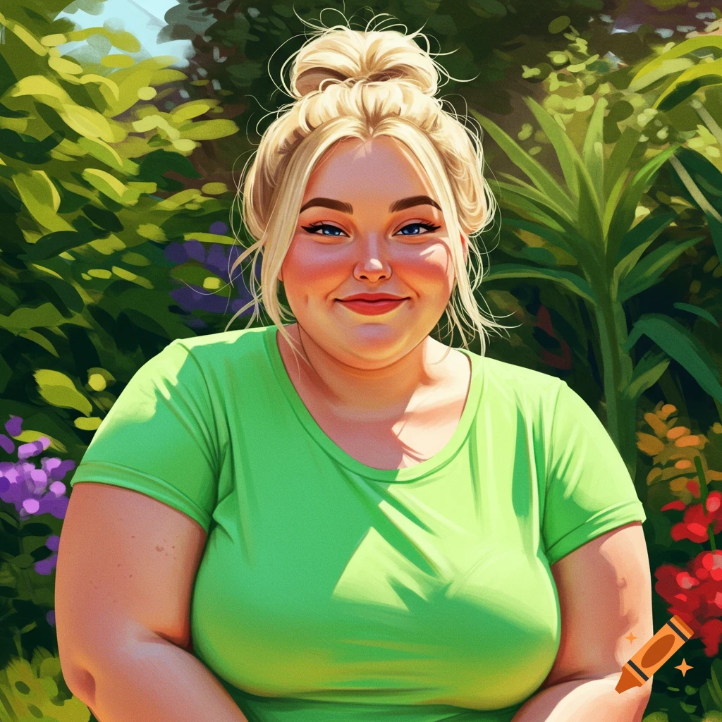 Illustration of a smiling blonde woman in a green shirt sitting in a sunny garden.