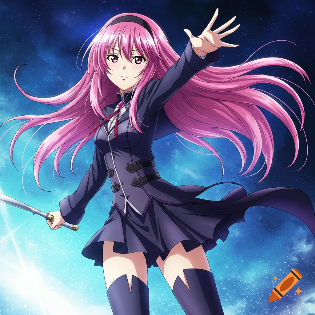 Anime illustration of a pink-haired young woman in a school uniform holding a sword against a starry background.