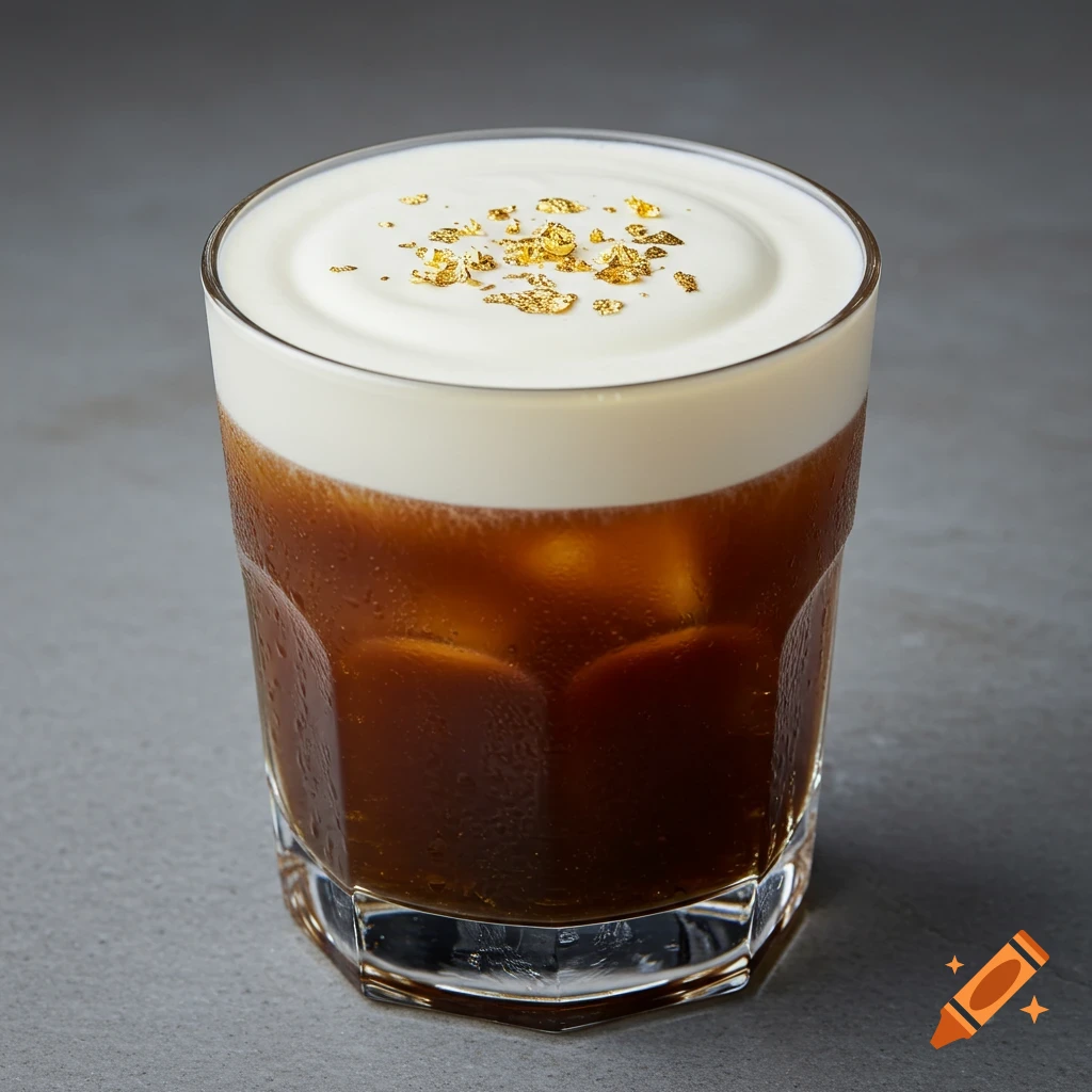 A white Russian cocktail with foam and gold flakes on top in a glass on a gray surface.