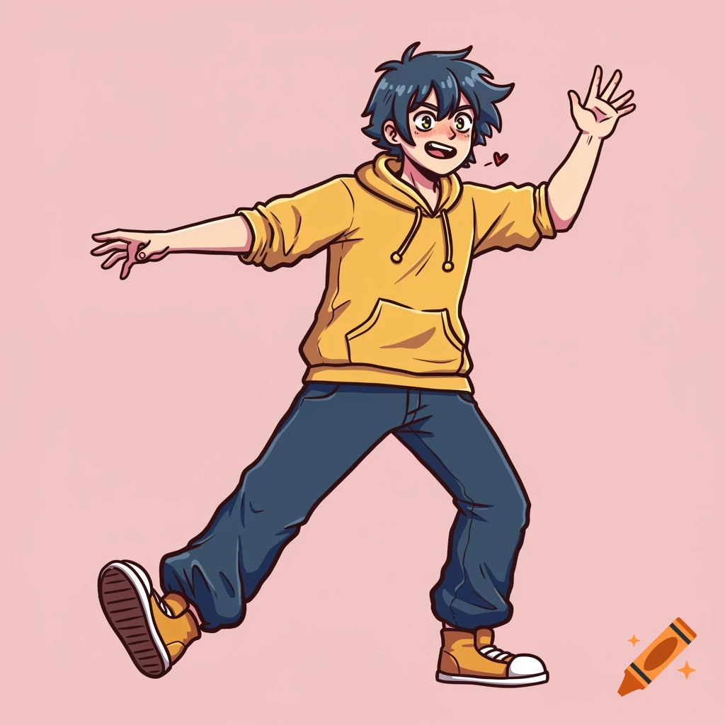 Anime drawing of a boy in a yellow hoodie and blue jeans smiling and waving.