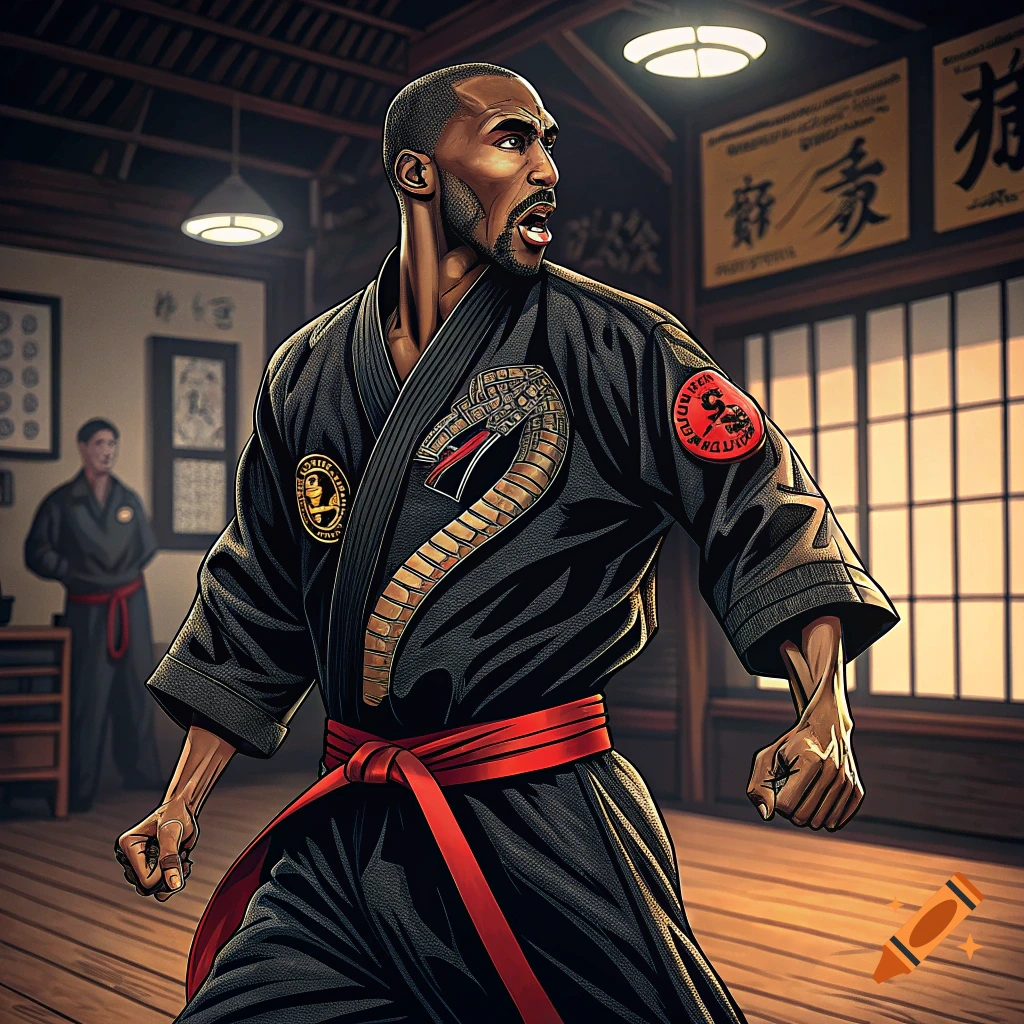 Kobe Bryant wearing a black martial arts uniform with cobra emblem in a dojo.