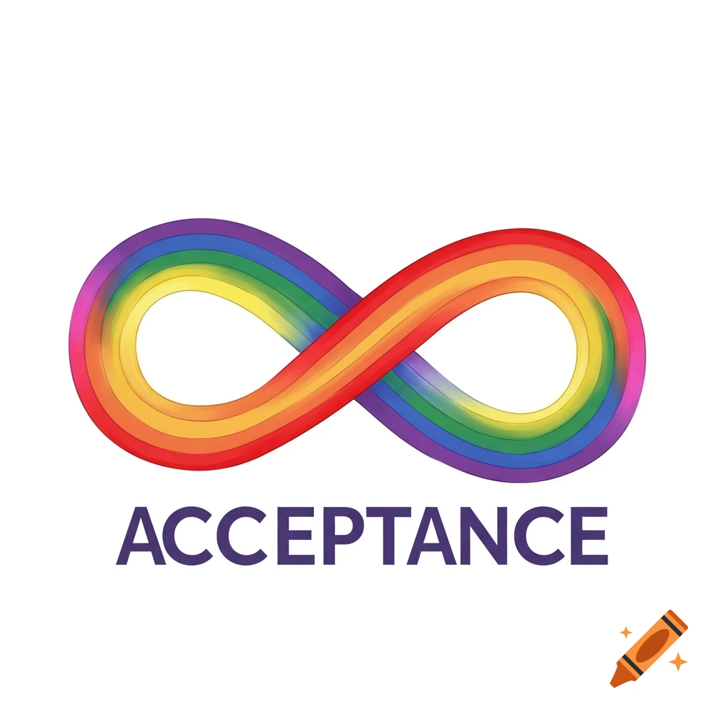 A rainbow-colored infinity symbol sits above the word 'Acceptance'.