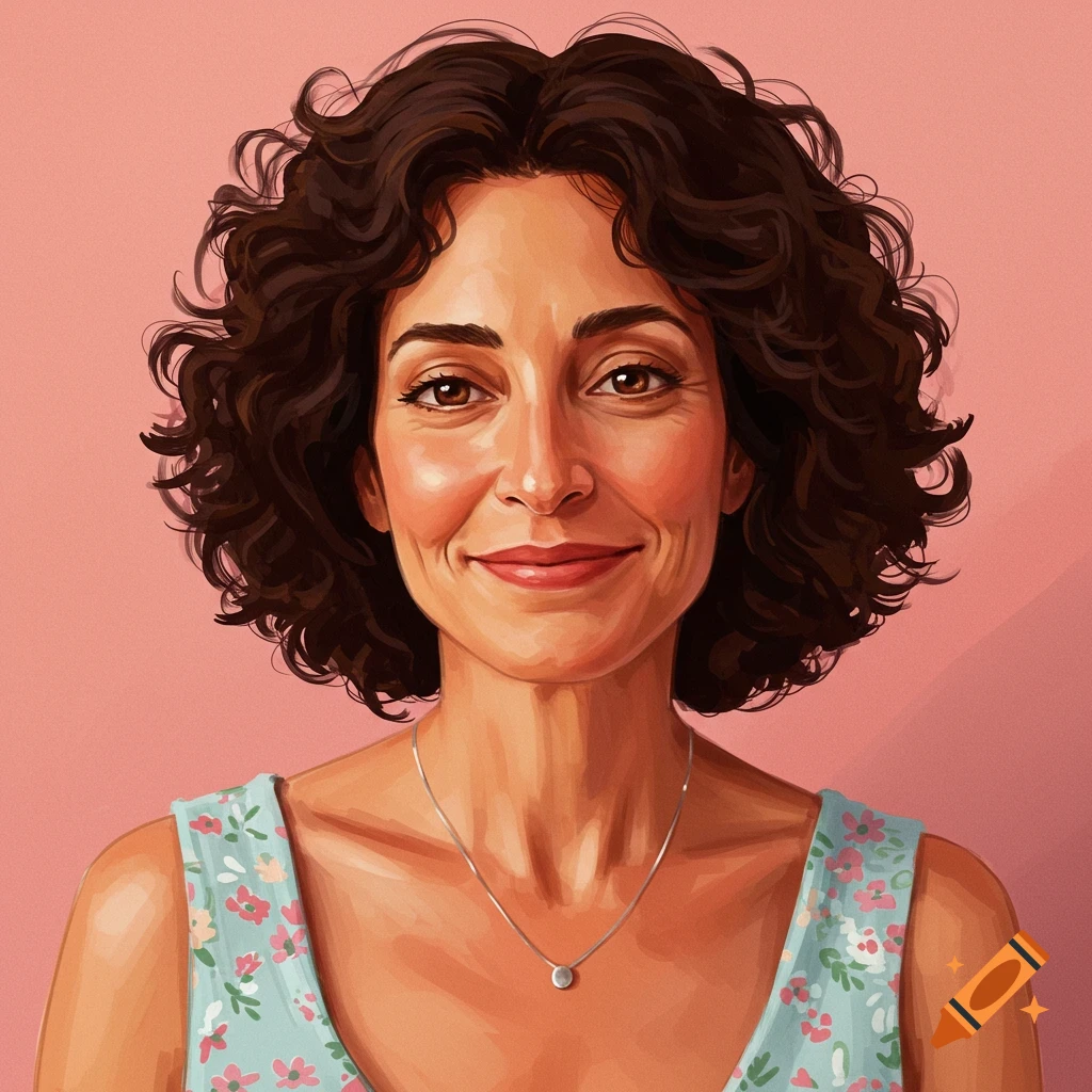 A smiling woman with curly brown hair wearing a floral dress and necklace against a pink background, illustration.