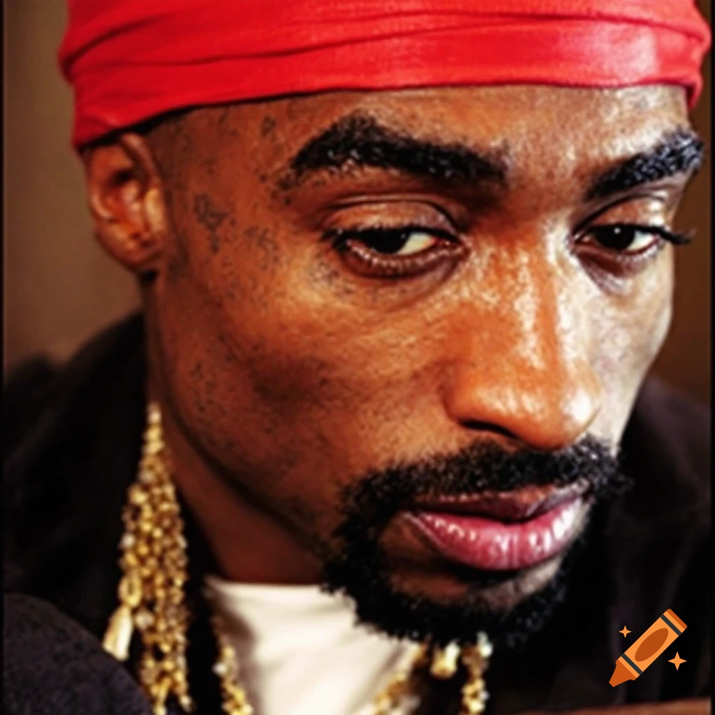Close-up portrait of a man resembling Tupac Shakur in a red bandana and gold chains.