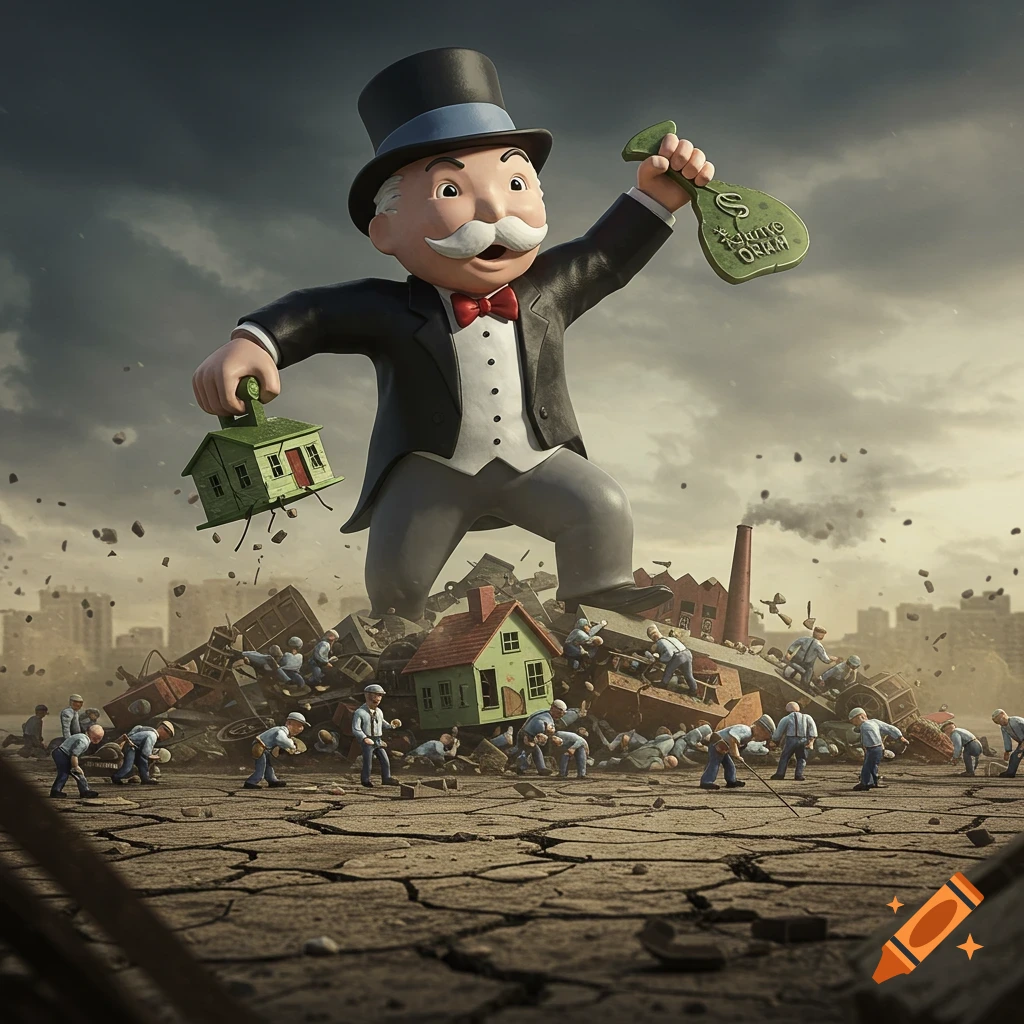 Giant Monopoly man stomps on buildings and tiny workers amidst rubble, holding a house and money bag.