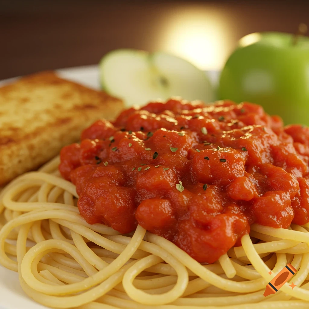 Close-up of spaghetti with marinara sauce, garlic bread, and apples.