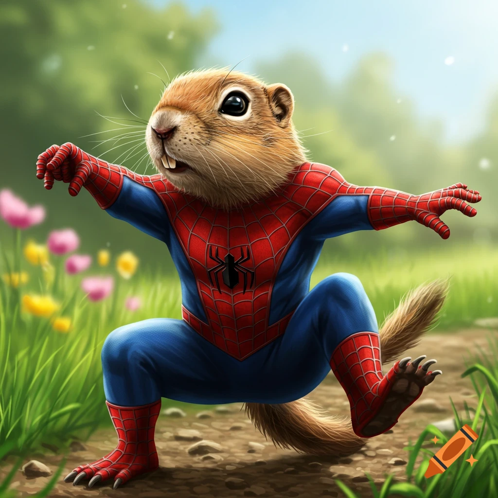 A gopher wearing a Spiderman costume crouches in a grassy field.