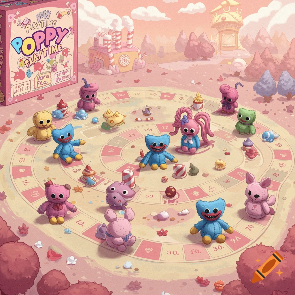Poppy Playtime plush toys play on a pastel cartoon board game, similar to Candy Land.