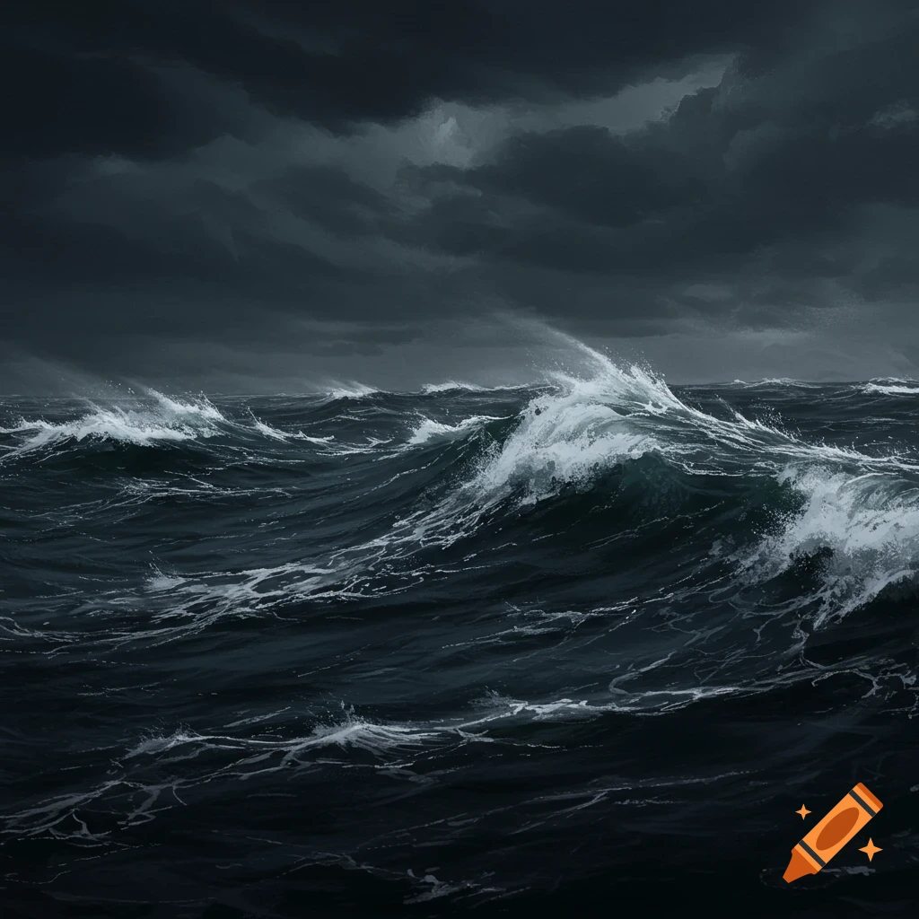 Stormy ocean waves crash under dark, cloudy skies.