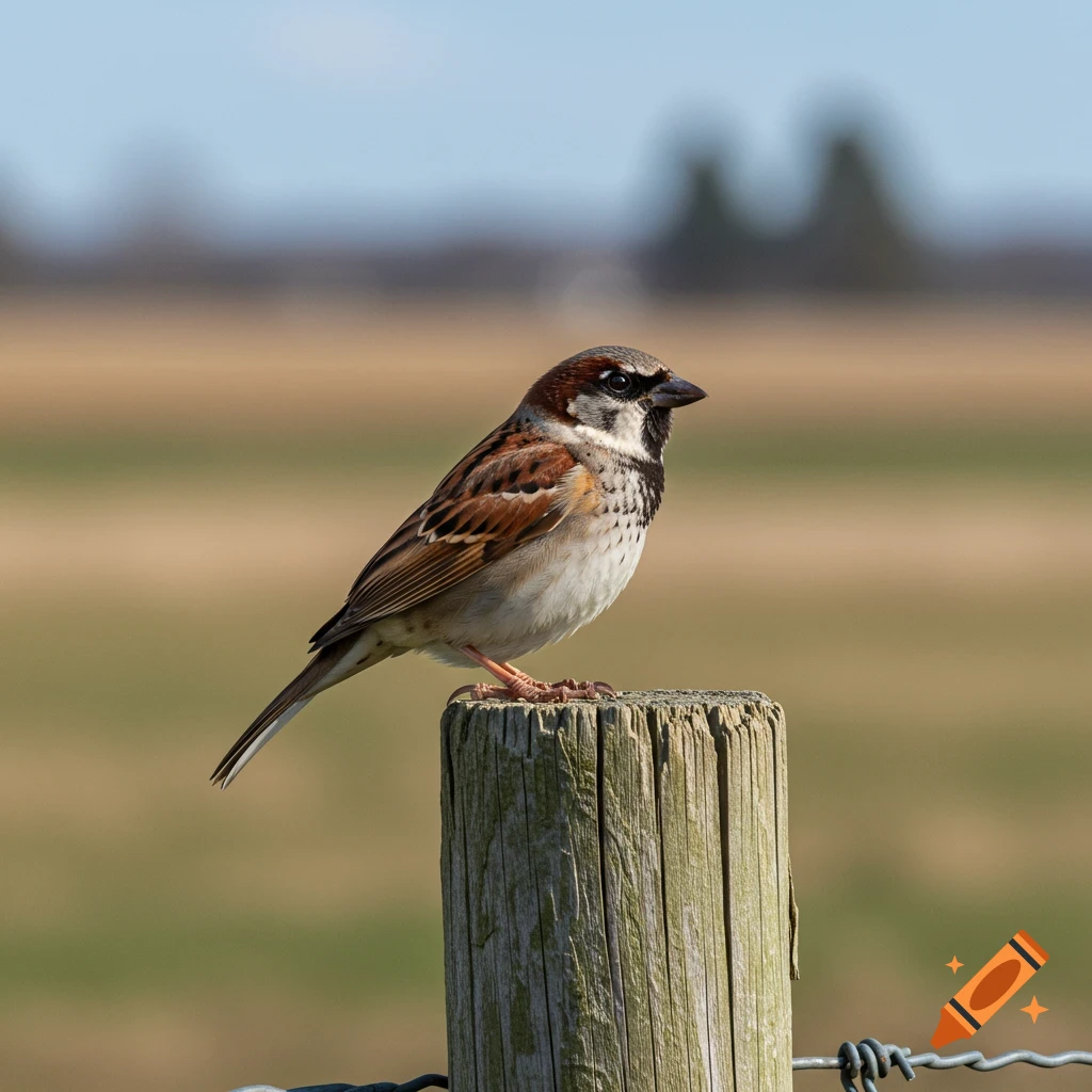A barn sparrow perches on a wooden post.
