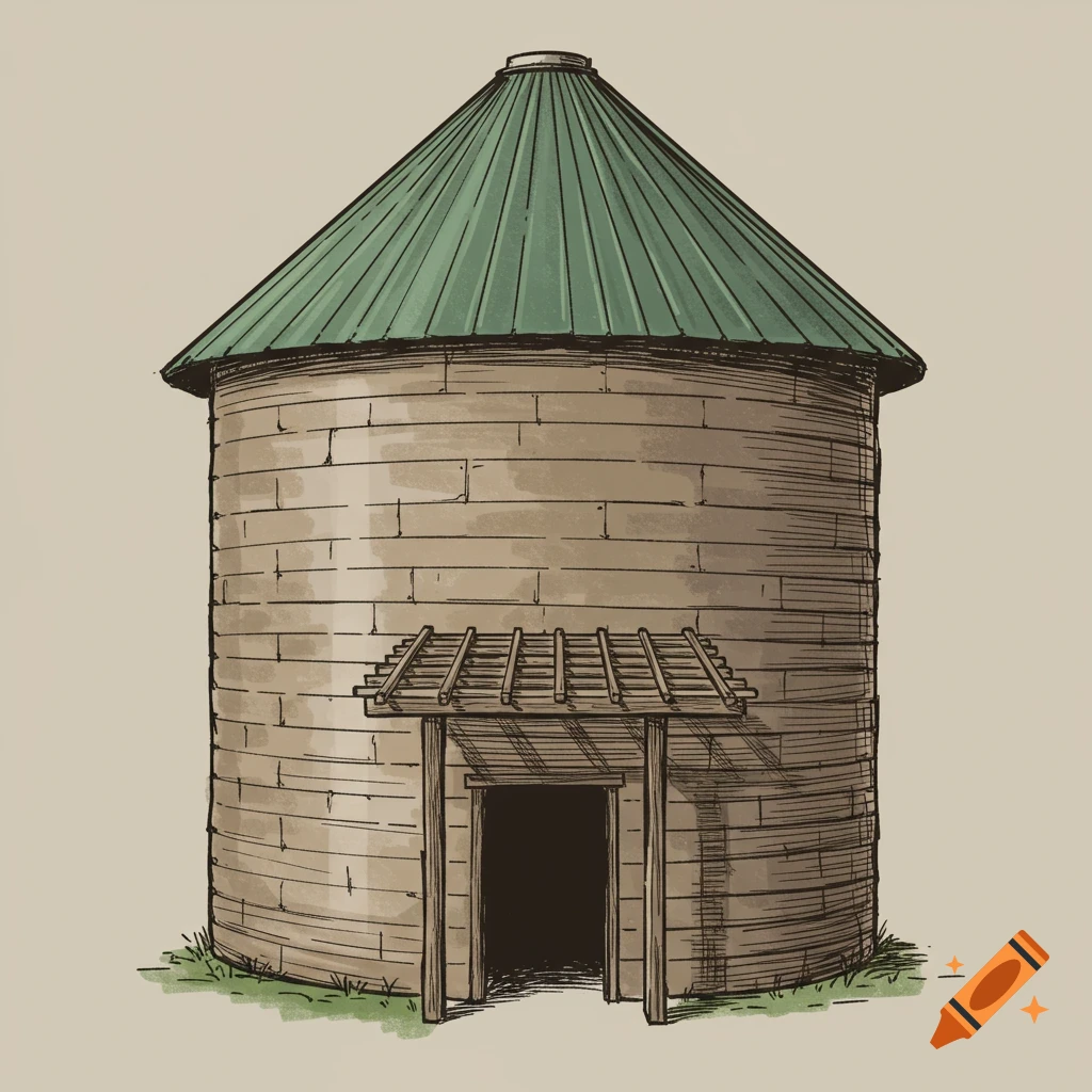 Drawing of a round grain silo with a green roof and a wooden arbor above the entrance.