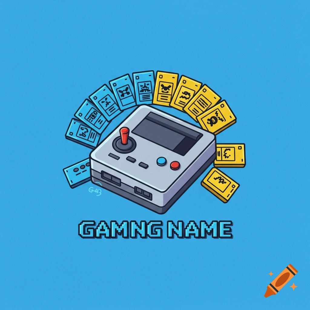 A stylized illustration of a vintage-looking game controller with blue and yellow cartridges fanned out behind it. The text 'GAMING NAME' is below the controller.
